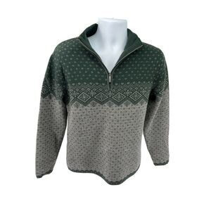 Neve Kirby 1/4 Zip Sweater 100% Wool Green Gray Fair Isle Ski Medium/Large